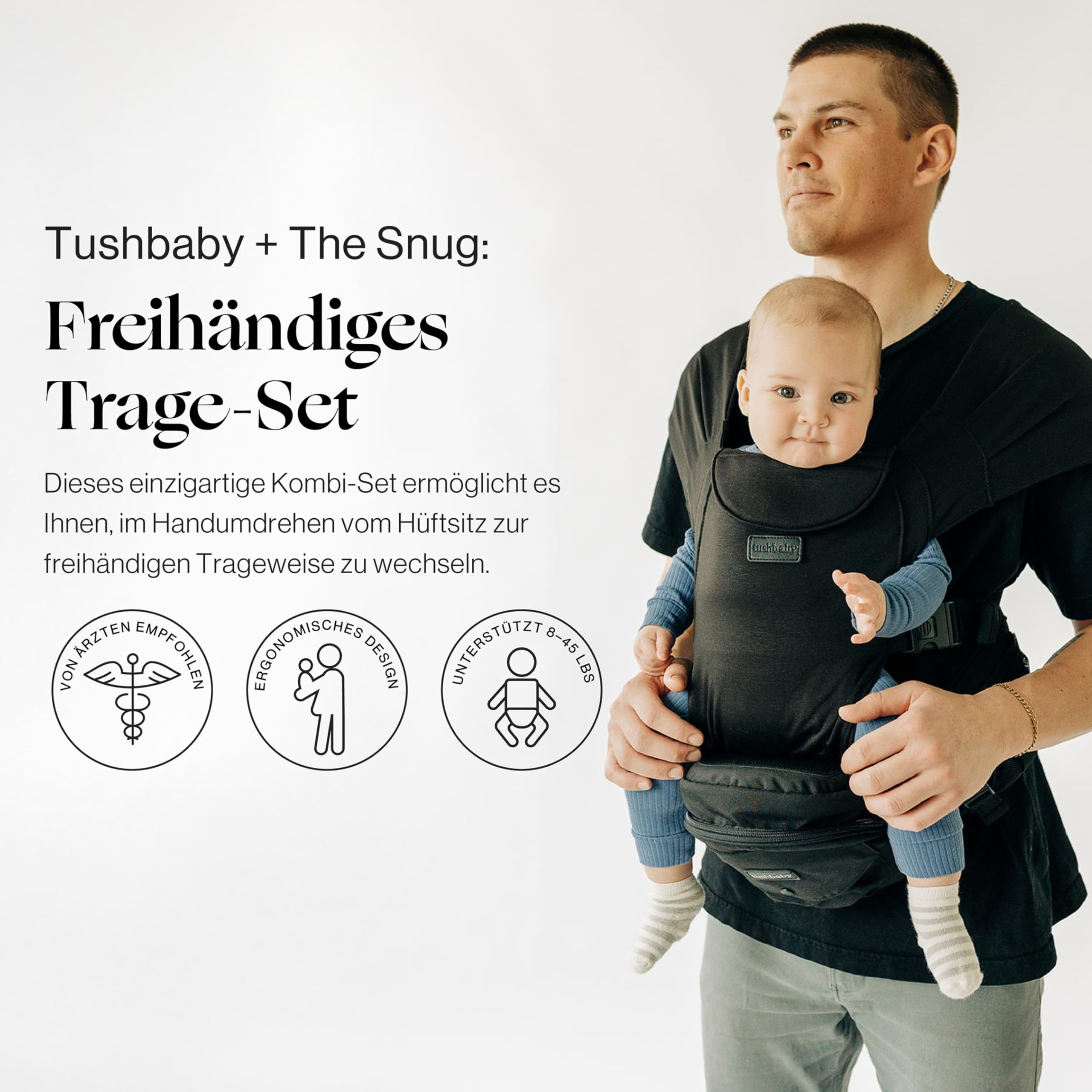 Tushbaby Hands Free Carrier Set | Hüftsitz Baby und Snug Trage | Kindertrage mit ergonomischem Baby Hüftsitz | Kindertrage Rucksack mit Stauraum | Für Kinder bis 20 kg | Schwarz