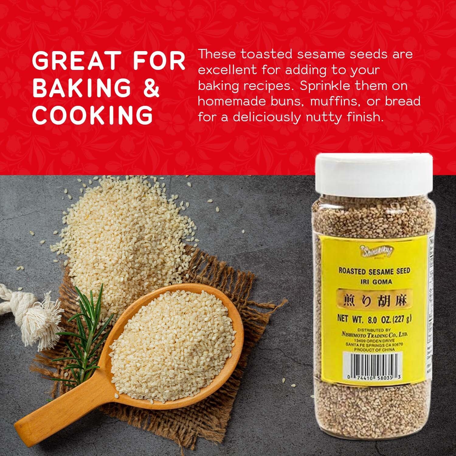 Shirakiku Roasted Sesame Seeds (IRI GOMA) | Perfect for Salad, Sushi, and Noodles Topping | Toasted Sesame Seeds with an Enticing Aroma, Flavor, and Crunch, 8 Oz - (Pack of 1)