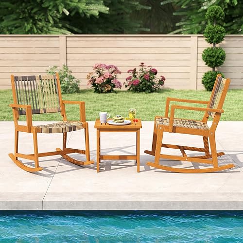 Miniatura 2 de Tangkula Juego de 3 mecedoras para patio, juego de bistró de madera de acacia con asiento y respaldo de ratán, 2 sillones para exteriores con mesa
