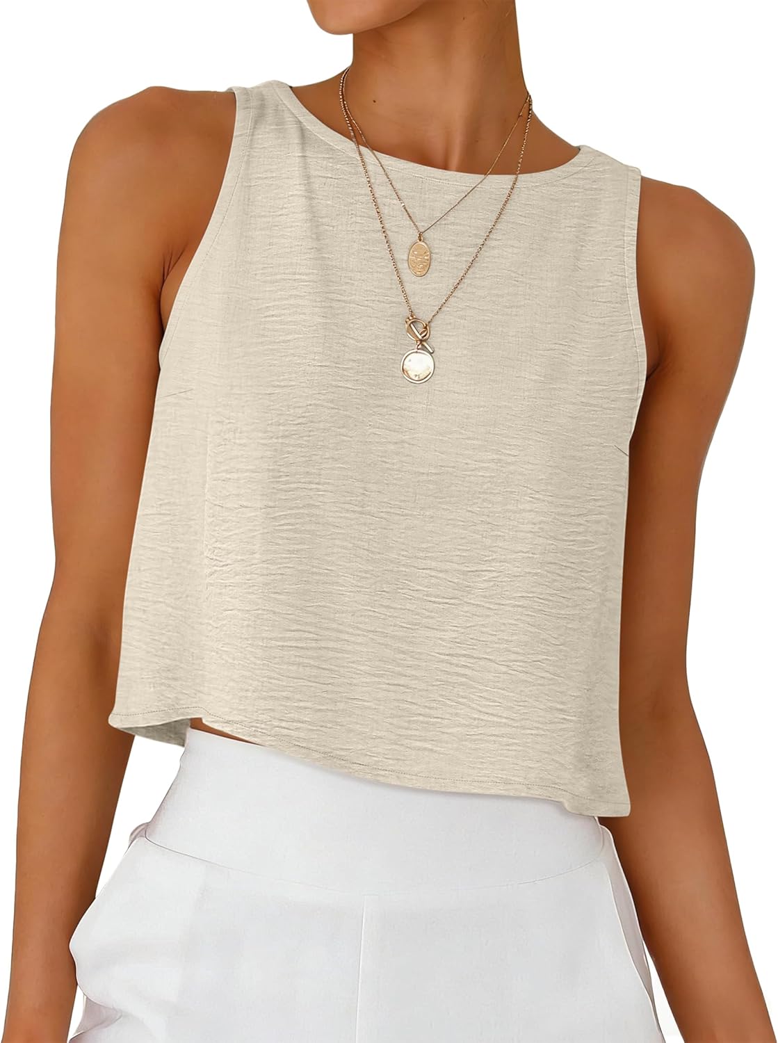 ANRABESS Women Crop Tank Tops High Neck Sleeveless Linen Shirts 2026 Summer Outfits Casual Blouse Beach Vacation Clothes