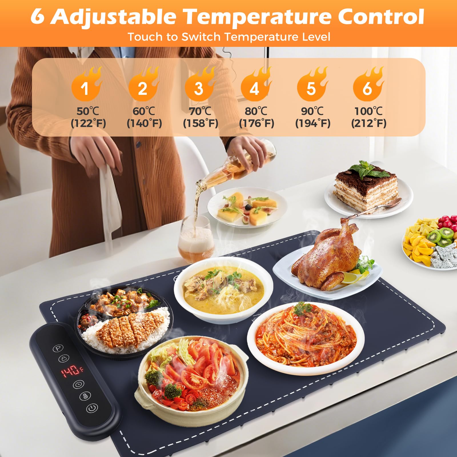 Chauffe Plat Électrique avec 6 Temp（50-100 °C), Laque Chauffante électrique Portable pliable en Silicone Affichage ℃/℉ Facile à Nettoyer pour Buffet, fête, Décongélation, Réceptions Garder au ChaudZ
