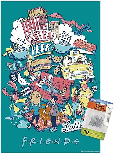 Trends International Friends 30th - Latte Wall Poster, 14.72" x 22.37", Premium Poster & Push Pin Bundle