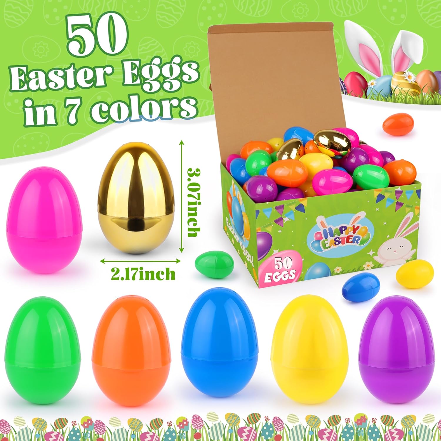 50 PCS 3.1" Fillable Easter Eggs Bulk with 6 Surprise Golden Eggs, Colorful Plastic Easter Egg Empty for Easter Egg Hunt Party Favors Kids Easter Basket Stuffers Fillers Classroom Prizes for Boys Girl