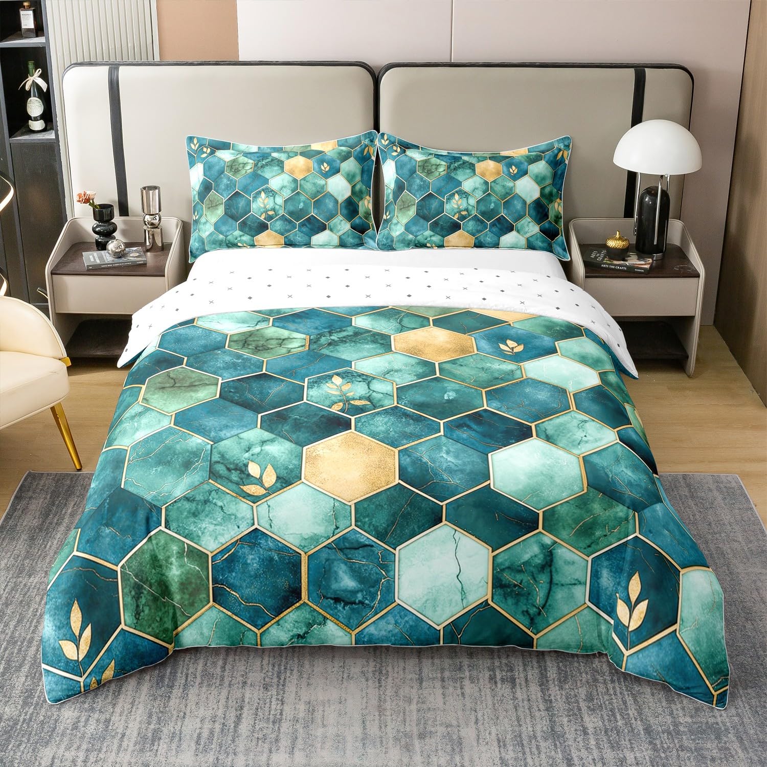 Juego de funda de edredón de 100 % algodón con diseño de panal de abejas en 3D, para niños, adolescentes y jóvenes, juego de ropa de cama hexagonal geométrico, moderno juego de cama de papel de
