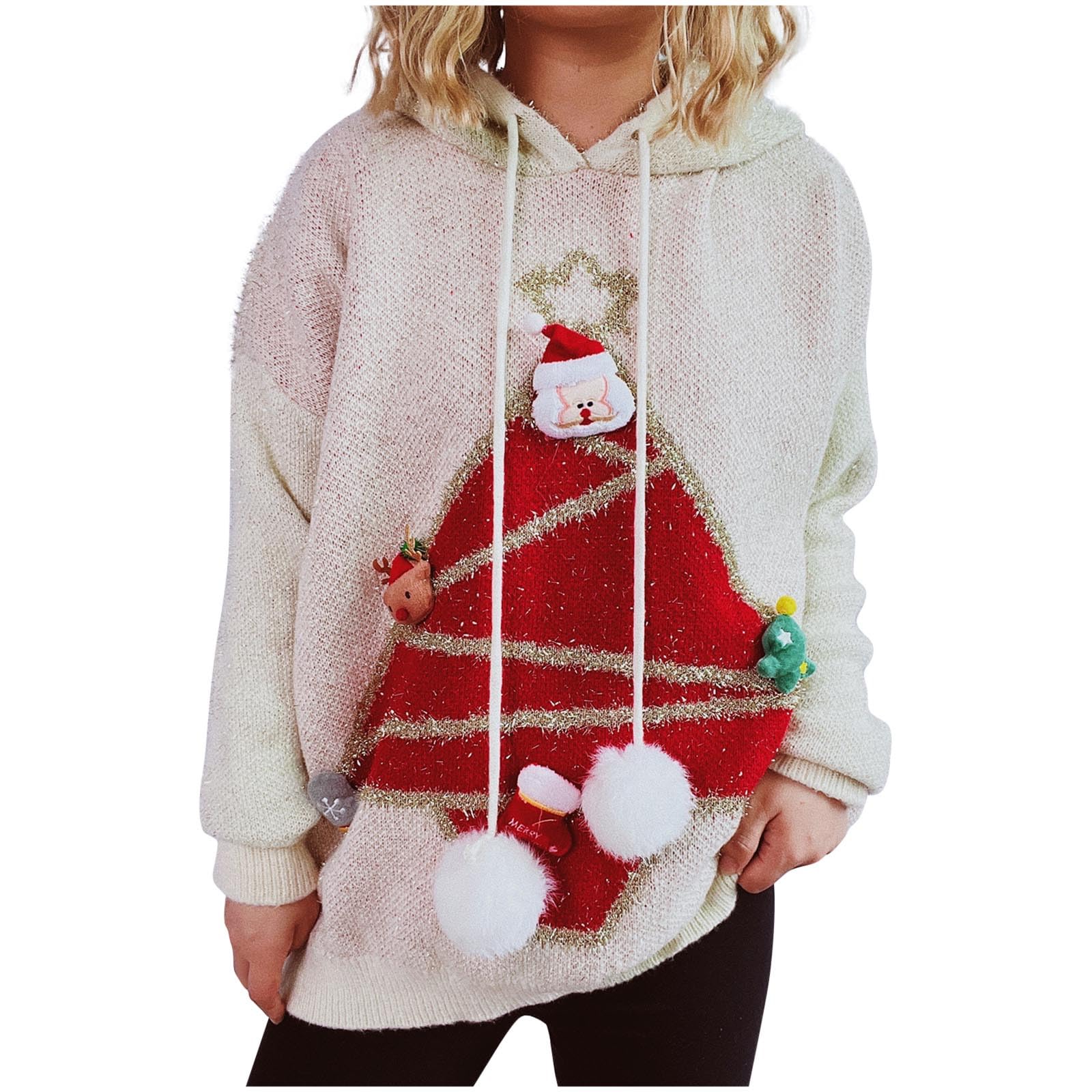 Ybing Sudadera con capucha de Navidad para mujer, con ojal navideño, bordado, sudadera con capucha Y2K, sudadera con capucha para invierno, suéter de Navidad, suelto, jersey de Navidad, jersey de