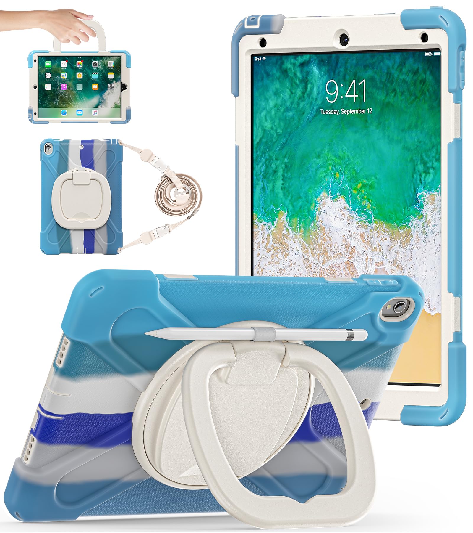 Batyue Custodia Da 10,5 Pollici Per Ipad Pro 2017 Rilasciato/Ipad Air 3A Generazione 2019 Rilasciato; Robusta Custodia Protettiva Resistente Con Supporto Per Matite, Supporto Girevole A 360°, Tracolla Per Bambini (Blu Colorato)-image