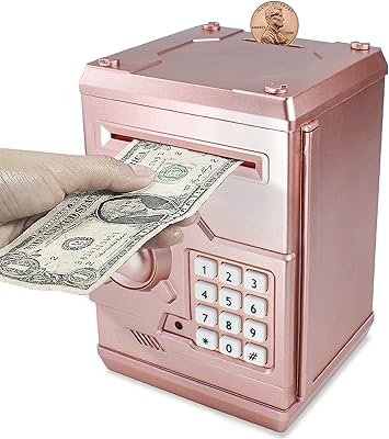 Suliper Electronic Piggy Bank Code Lock for Kids Baby Toy, Mini ATM Safe Coin Cash Banks Real Money Saving Box with Password, Auto Money Scroll for Children,Boys Girls Birthday Gift (Rose Gold)