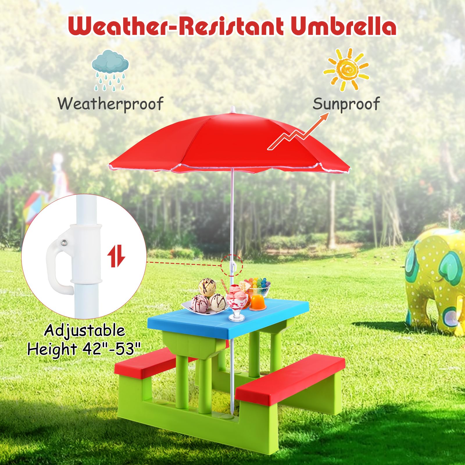 Ensemble de table de pique-nique pour enfants, banc de jardin et table avec parasol amovible, table de jeu pour enfants pour garçons et filles, jaune + bleu + rouge
