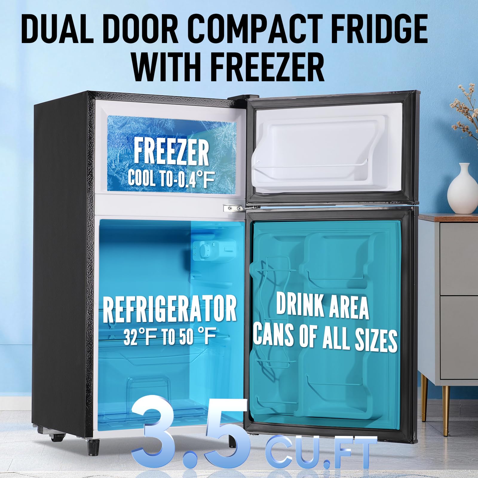 WANAI 3.5 CU.FT 2 Door Mini Fridge with Freezer Freestadning Small Refrigerator Features 7 Gear Mechanical Control, Side Bottle Rack, 2 Glass Removable Shelves, Crisper Drawer Black on Fridge.com