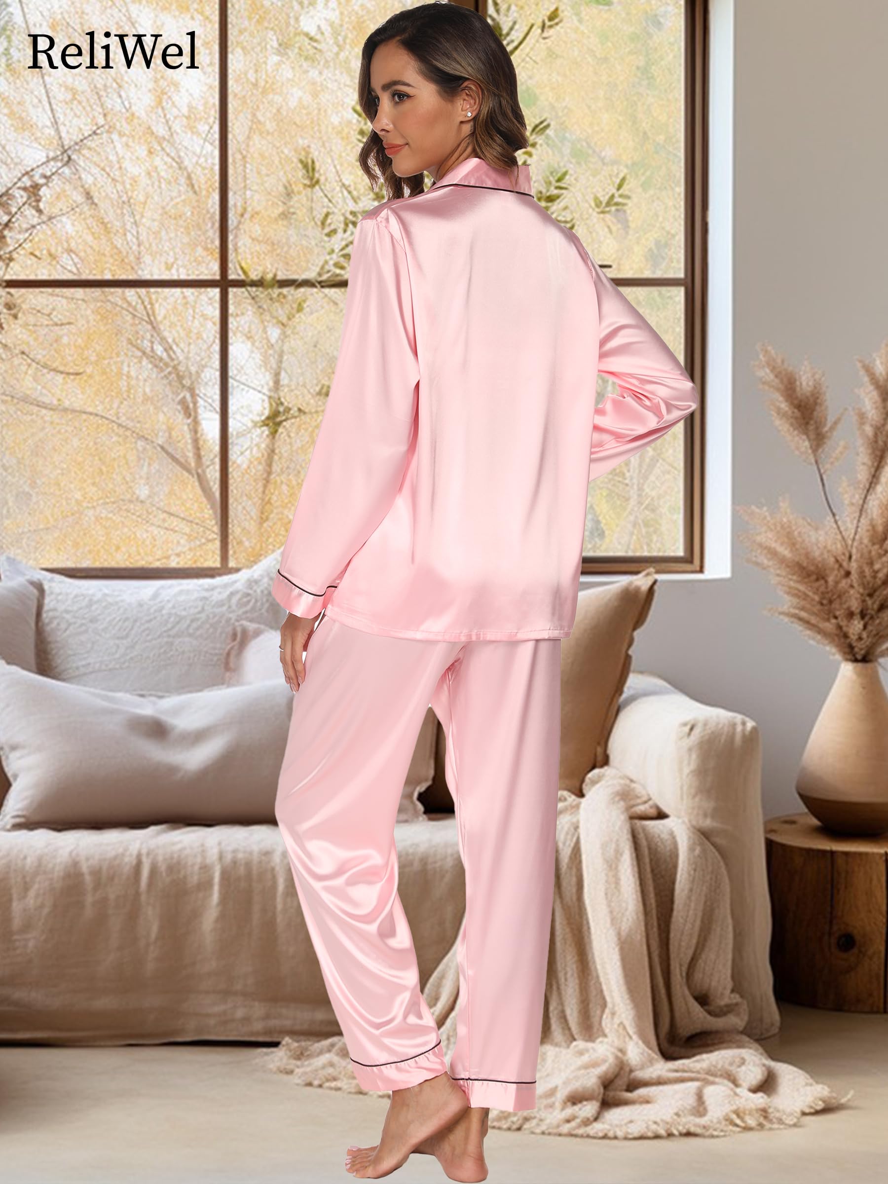 Reliwel Pigiama Donna Estivo Pigiami da Donna Due Pezzi a Maniche Lunghe Pantaloni in Raso Morbidissimo Scollo V Aperto Davanti con Bottoni e Borse Laterali