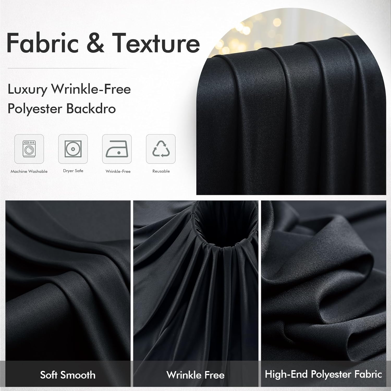 50ftx12ft Wrinkle Free Black Backdrop Curtain, 10 Panels 12FT Height Black Drapes for Wedding, Silky Polyester Photo Back Drop Cloth Draping for Birthday Party Photography Background