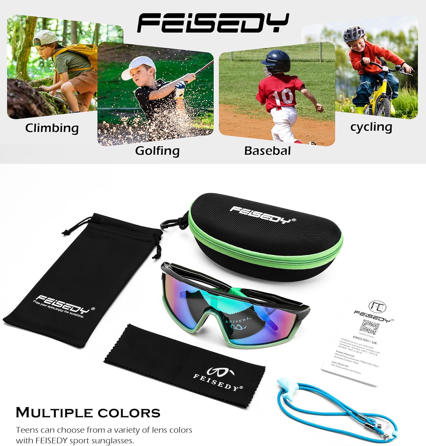 FEISEDY Kids Teens Baseball Polarized Sunglasses Lightweight TR90 Frame UV400 Sports Cycling Shades for Boys Girls B0186