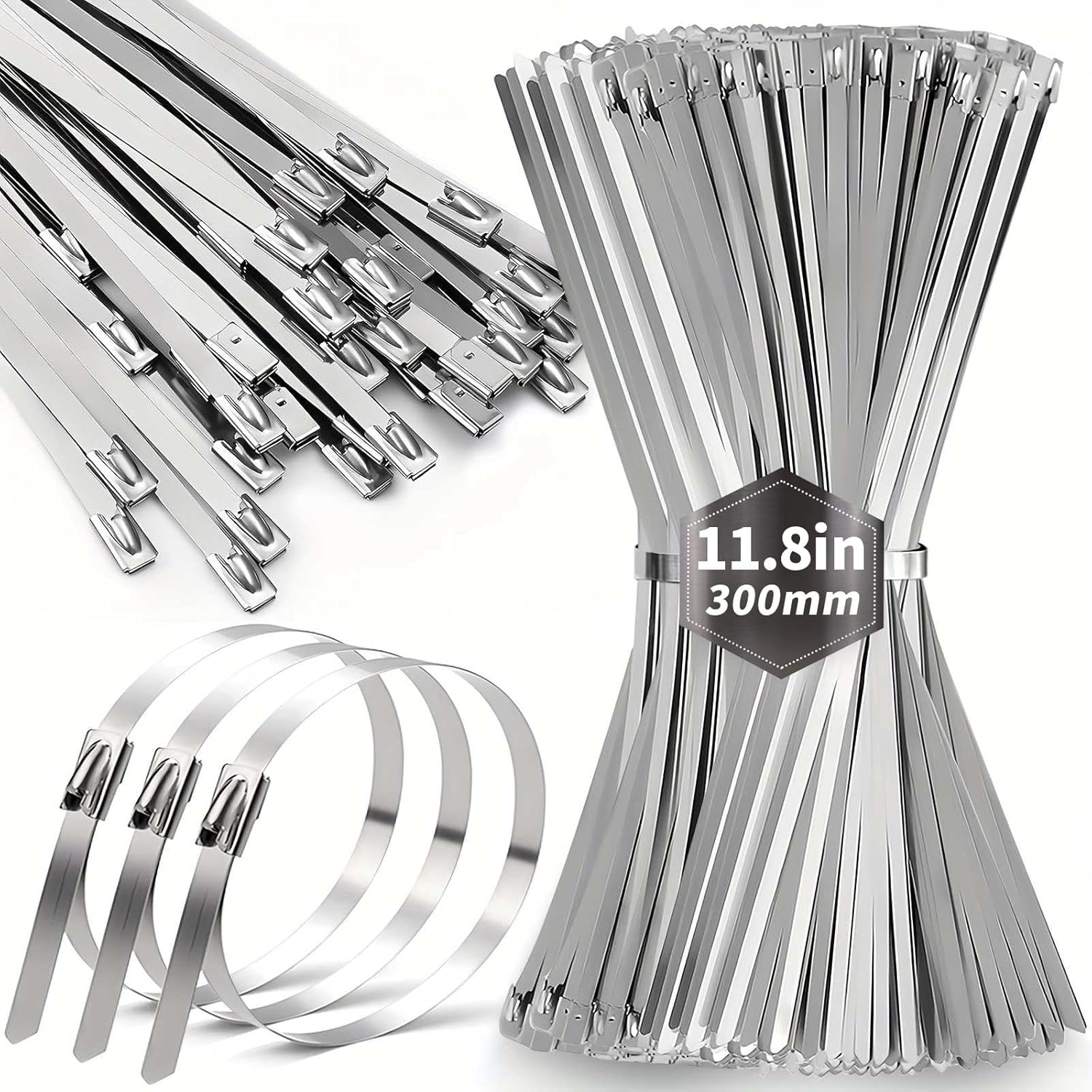 Metal Zip Ties 11.8 Inch 100pcs, 304 Stainless Steel Zip Ties for Outdoor Use, Heavy Duty Multi-Purpose Self-locking Cable Ties for Exhaust Wrap, Pipes, Cables, Farms, and Chain Link Fence Parts