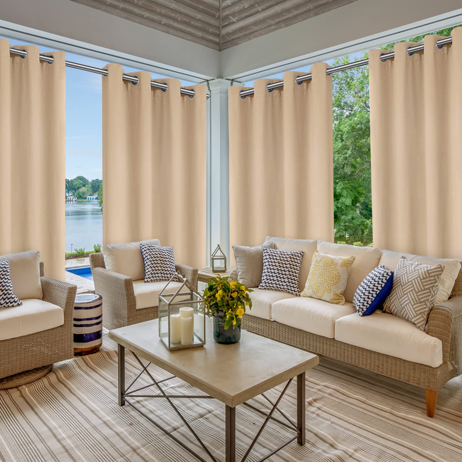 Cortina para Exteriores Impermeable con Anillos, Adecuada para Balcones, Pérgolas y Terrazas (132 * 245 cm, Beige)
