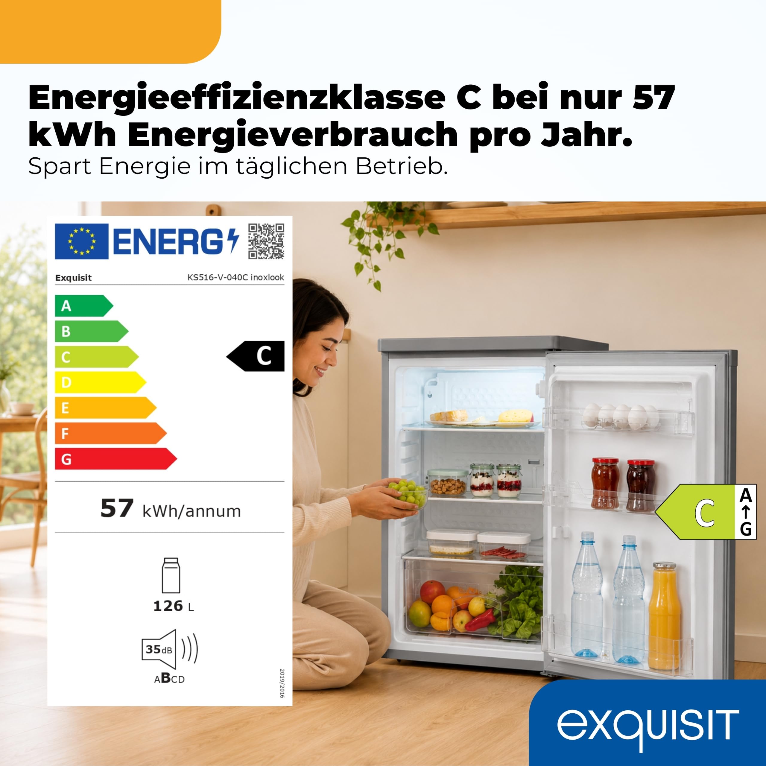 Exquisit Frigorifero intero da 126 l, classe energetica C, silenzioso 35 dB, illuminazione LED, larghezza 55 cm, KS516-V-040C Inoxlook
