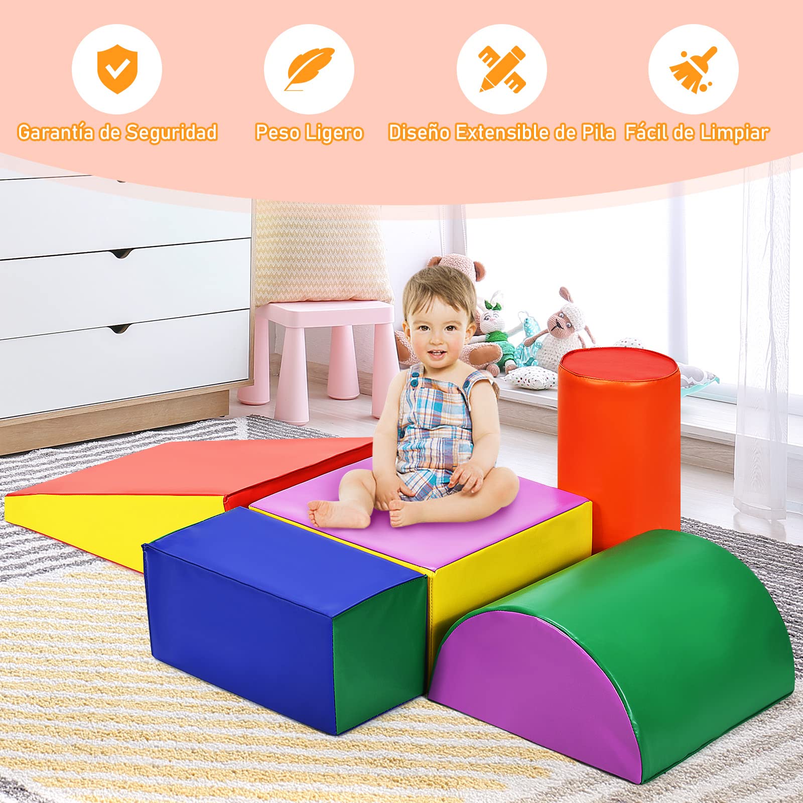 GOPLUS Juego de 5 Piezas Bloques de Espuma Grandes para Bebé, Conjunto de Juguetes Construcción de PP y EPE, Jueguetes Multicolores Educativos para Bebé de 6 Meses a 3 Años