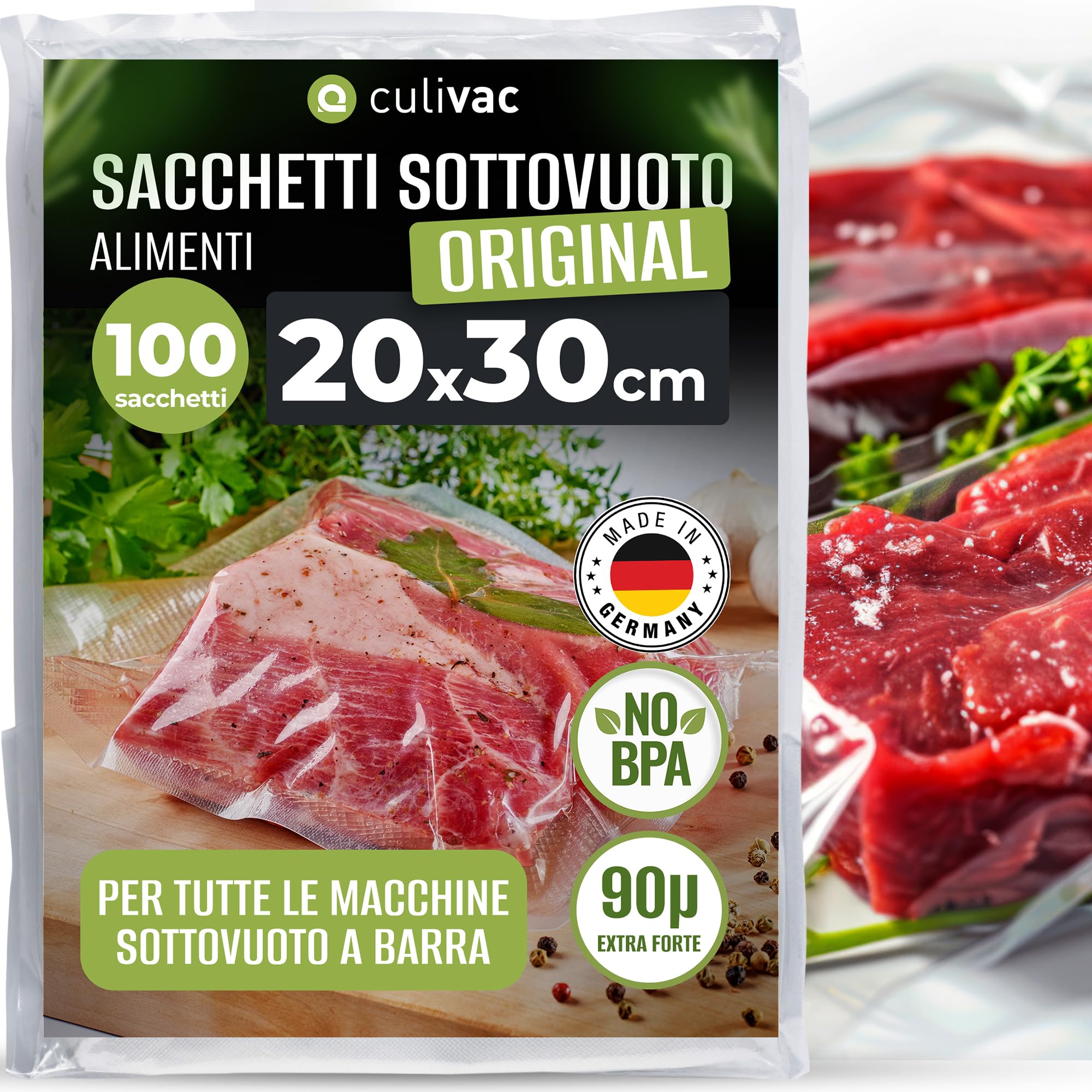 culivac Sacchetti Sottovuoto Alimenti 20x30 cm – Buste Sottovuoto Alimenti per Macchine Estrazione Esterna – Buste per Sottovuoto per Alimenti Compatibili con Sous Vide e Congelamento – 100 Pezzi