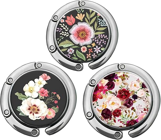 Foldable Purse Hook Womens Bag Table Hanger Collection Desk Hooks for Purse (3 Pack Amazing Flower Hook)