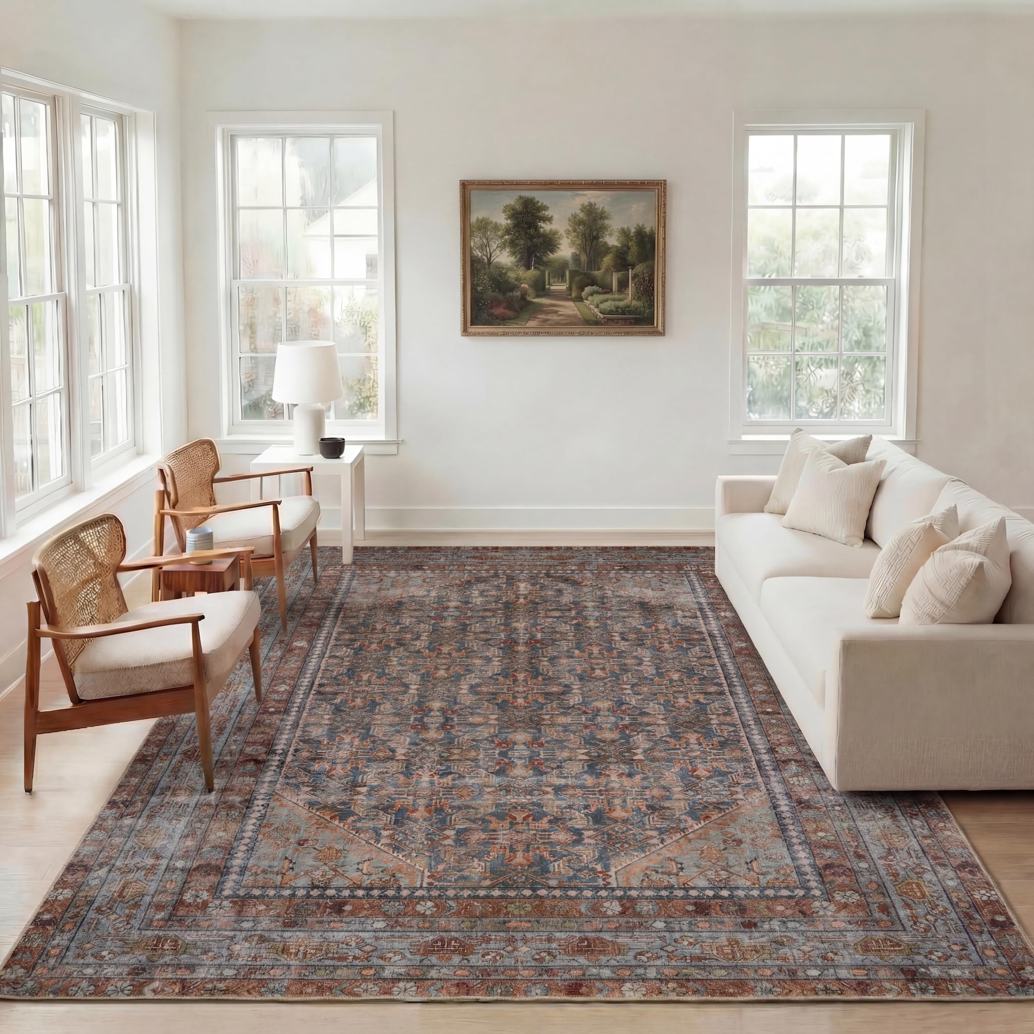 Kuden 8x10 Large Area Rug, Machine Washable Area Rug with Non-Slip Backing, Vintage Style, Soft, Easy Clean, Low Pile Rug for Living Room, Bedroom,