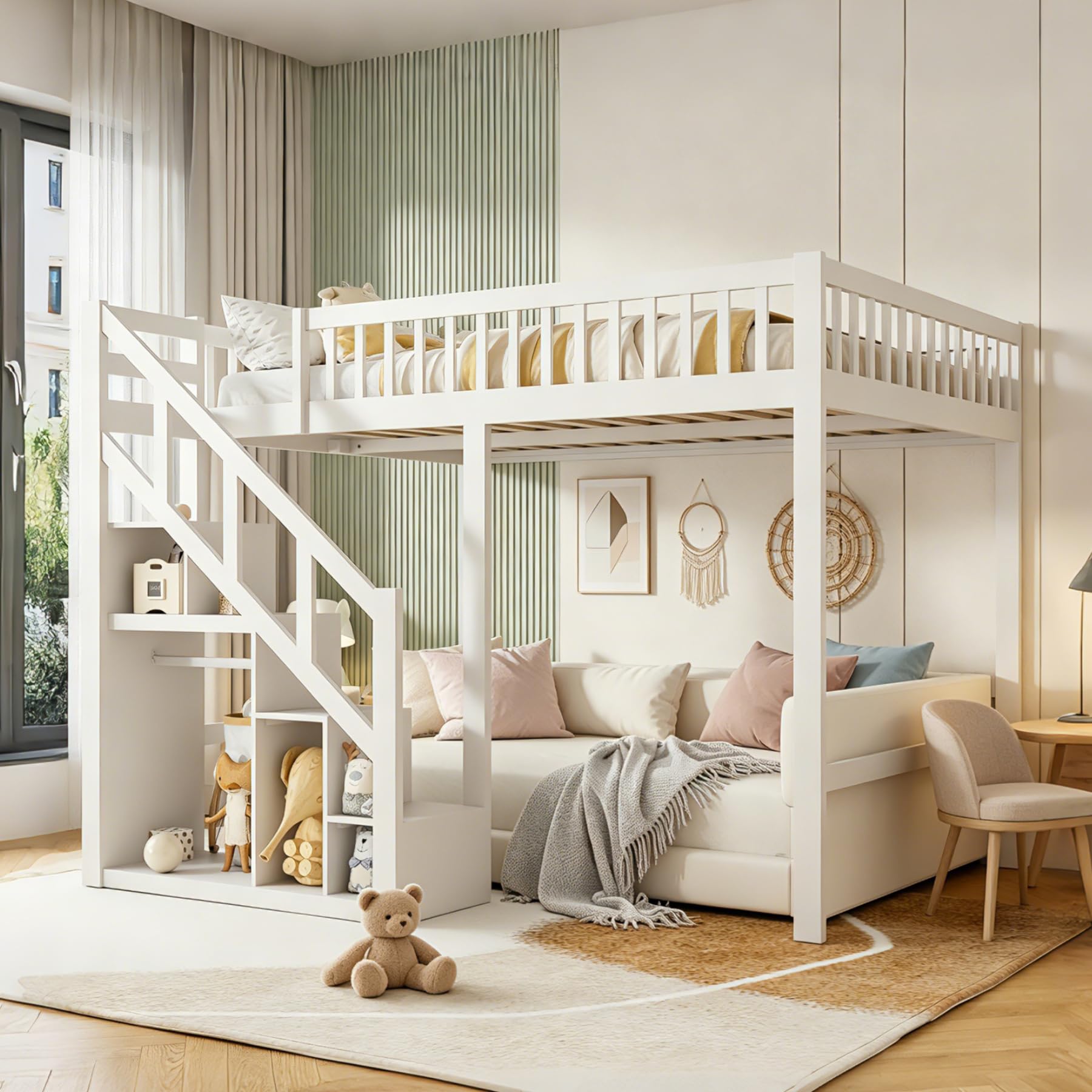 Letto a castello, 90 x 200 cm, letto a castello con scale e spazio di archiviazione, lettino per bambini con libreria e armadio, letto per ragazzi con rete a doghe, in legno massiccio, senza