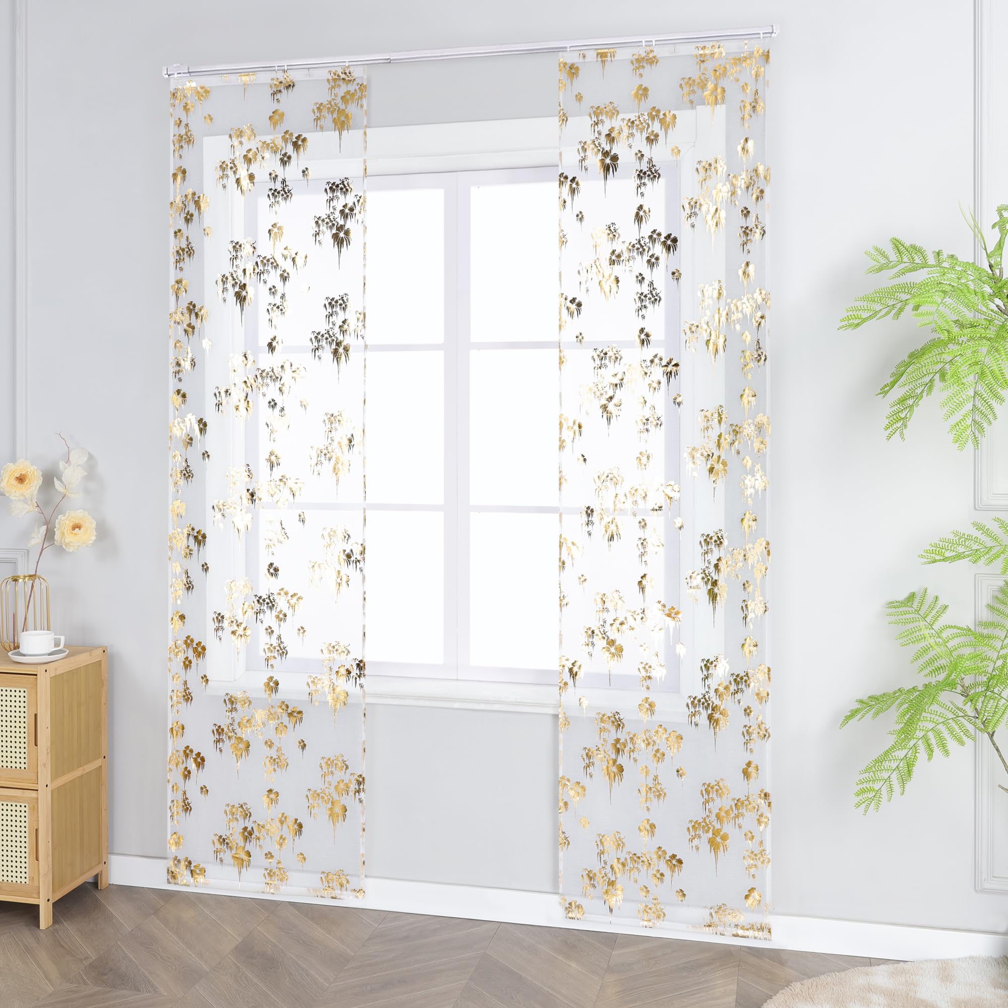ESLIR Schiebevorhänge Set 2er Flächenvorhänge mit Klettband Schiebegardinen Transparent Gardinenschals Transparent Vorhang mit geprägtem Blumenmuster Gold BxH 57x145 cm 2 Stück