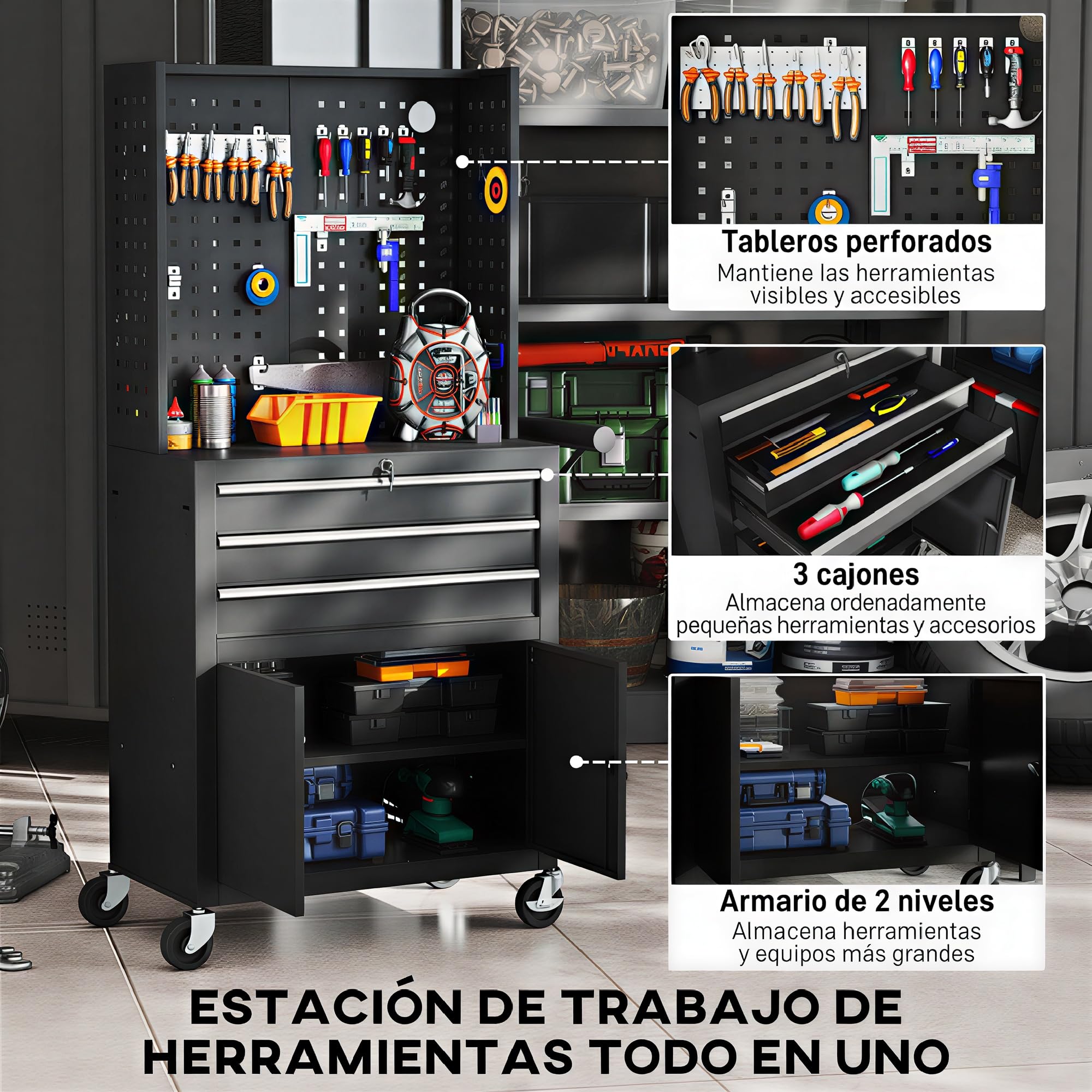 HOMCOM Carro de Herramientas con 3 Cajones y Pegboard, Carro de Taller con Cerradura de Llave, Estante Regulable, 2 Ruedas con Freno, Negro