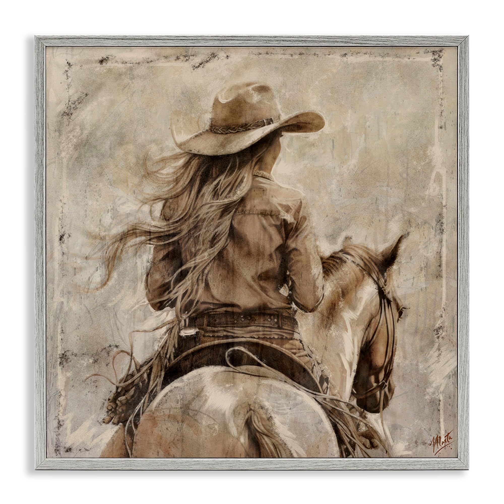 Stupell Industries Farmhouse Gray (Textured) Windblown Cowgirl On Horseback, 17 X 17 Inch Framed Giclée Print