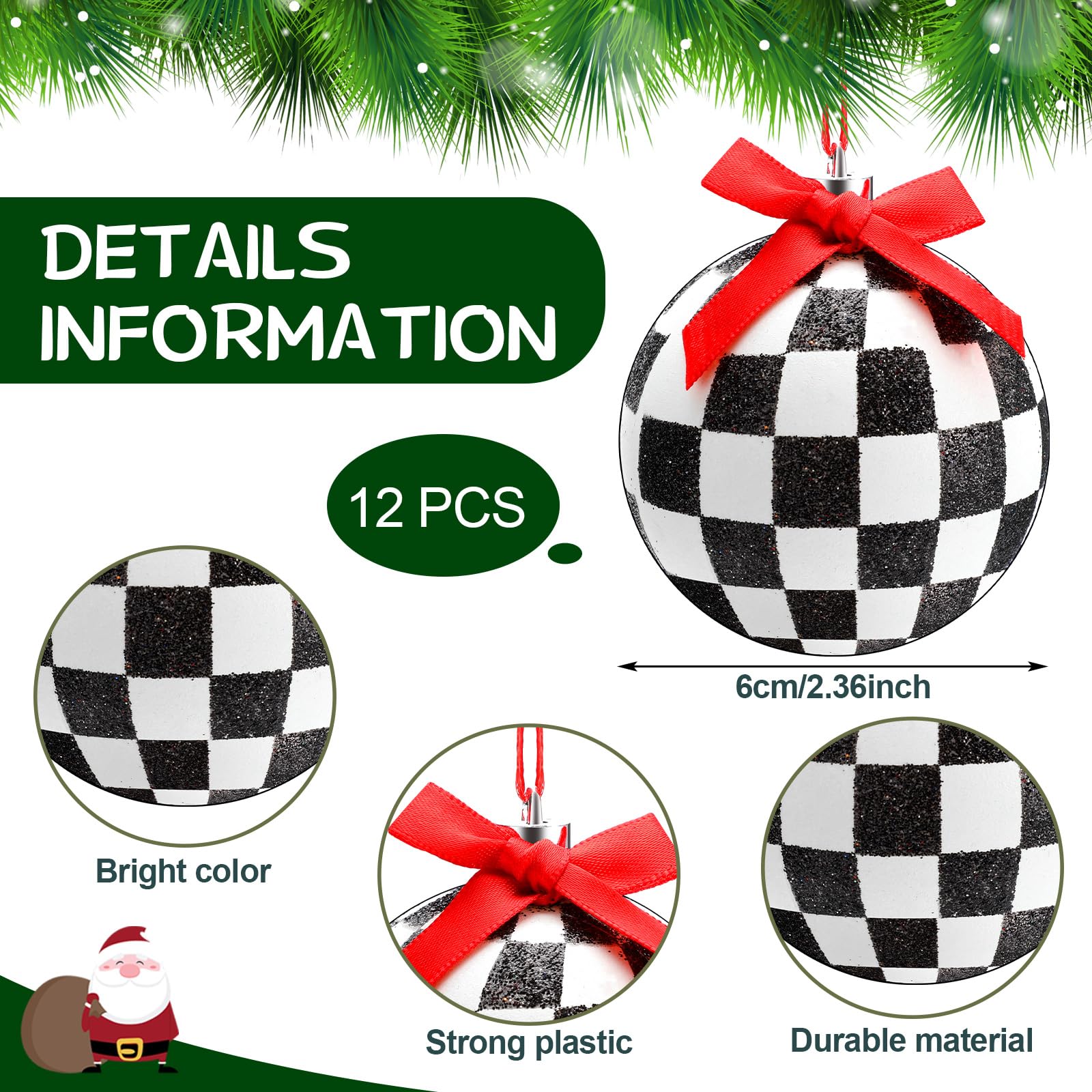 Hiboom Lot de 15 décorations de sapin de Noël à carreaux, 12 boules de Noël noires et blanches, 1 jupe de sapin de Noël à carreaux, 2 drapeaux de course en polyester avec bâtons en plastique pour fête