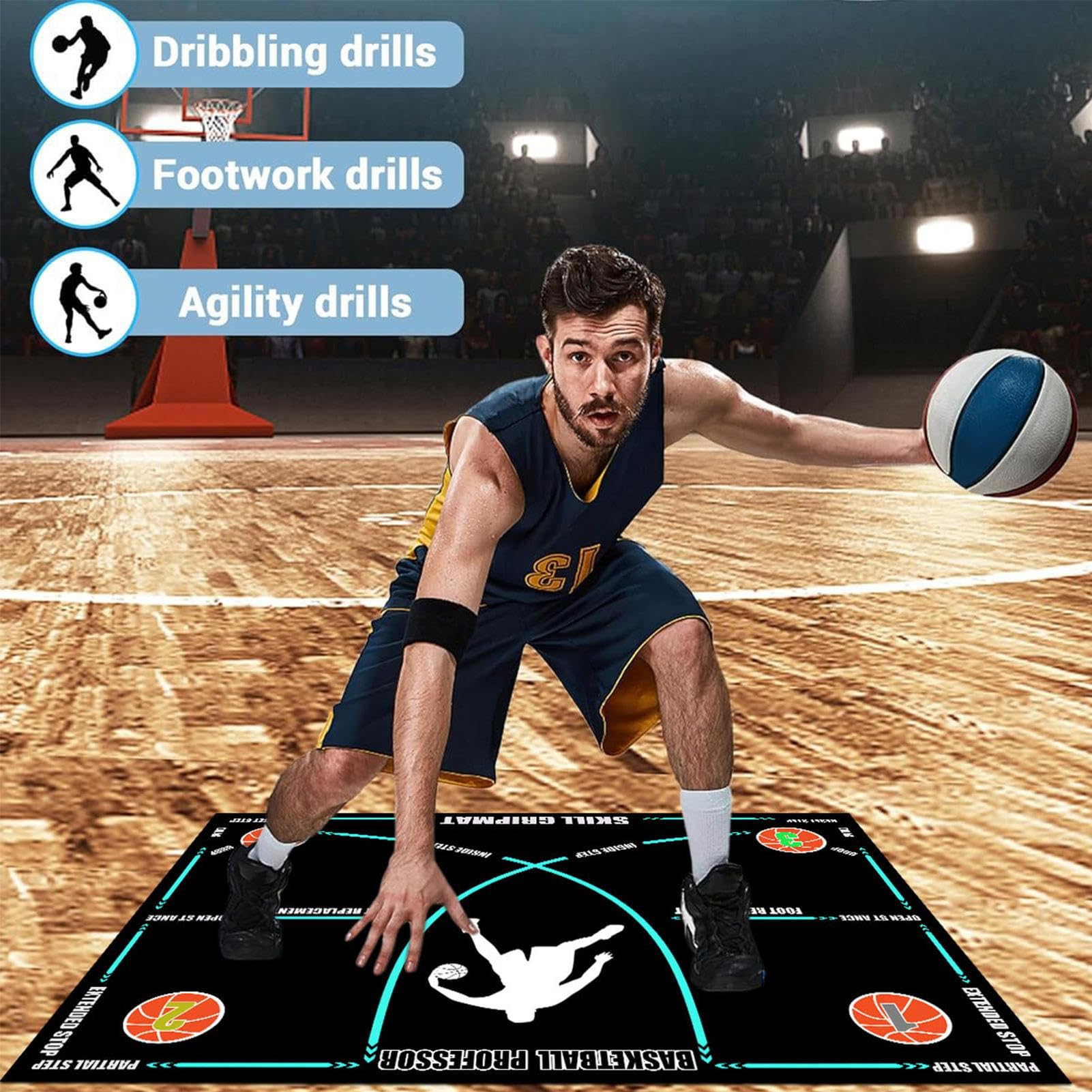 Basketball Dribbling Matte 120x80cm - Antirutsch Trainingsmatte für Innen & Außen - Verbessert Ballgefühl, Koordination & Fußarbeit - Für Kinder & Erwachsene - Faltbar & Einfach zu Verstauen