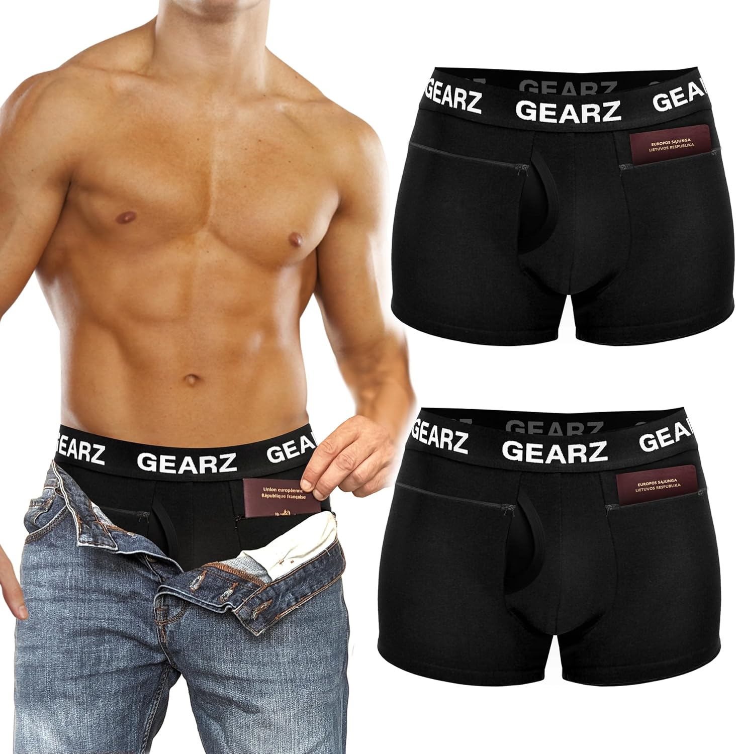 GEARZ 2 Packs Men's Hidden Pocket Boxer Briefs with Fly - Pickpocket Proof Travel Underwear Pockets - Anti Theft Wallet