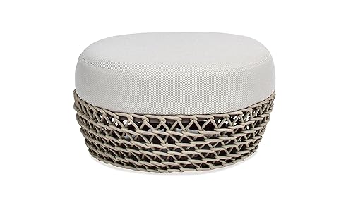 Willow 25" Round Upholstered Woven Patio Ottoman, Beige Axroma Olefin