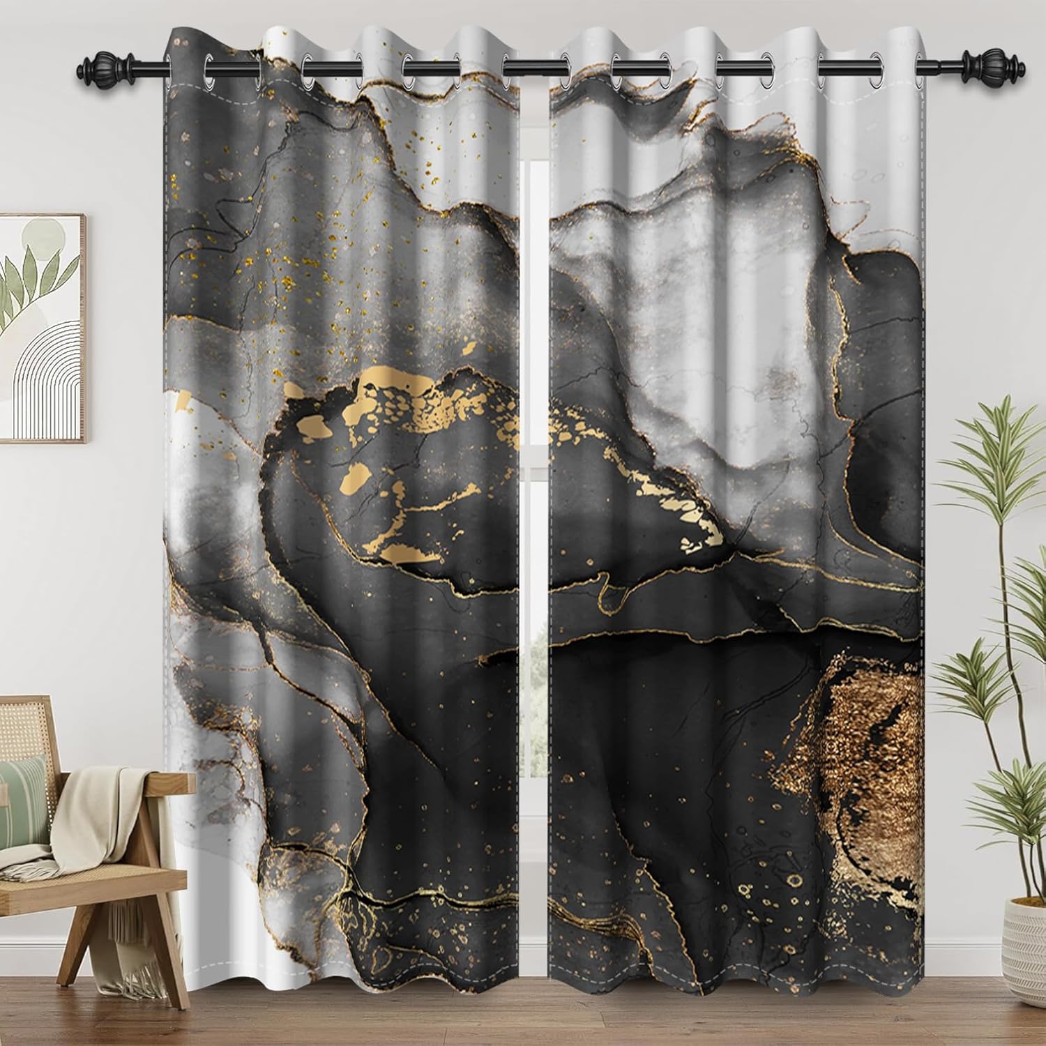 Renaiss Black Gray Marble Blackout Curtains for Bedroom Abstract Golden Texture Window Curtain Modern Luxury Ink Art Window Drapes for Living Room Decor Darkening Curtains 2 Panels Set, 42x84 Inch