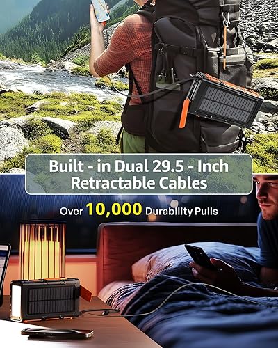 Miniatura 4 de Banco de energía solar, carga inalámbrica magnética doble, 2 cables retráctiles integrados y manivela y carga rápida de 22.5 W, linternas