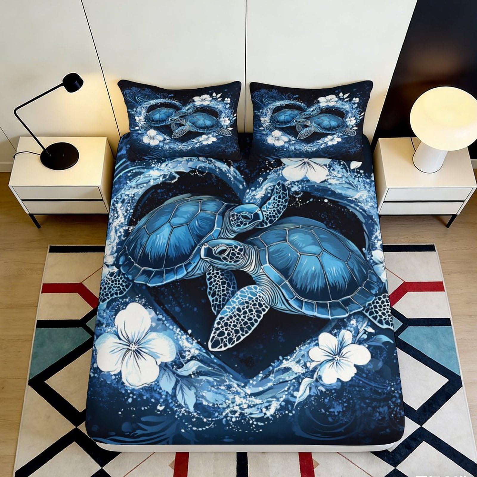 3D Printed Sea Turtle Ocean Fitted Sheet Microfiber Soft Blue Floral Mattress Cover for Bedroom Dorm Room Decor 120x200x25cm