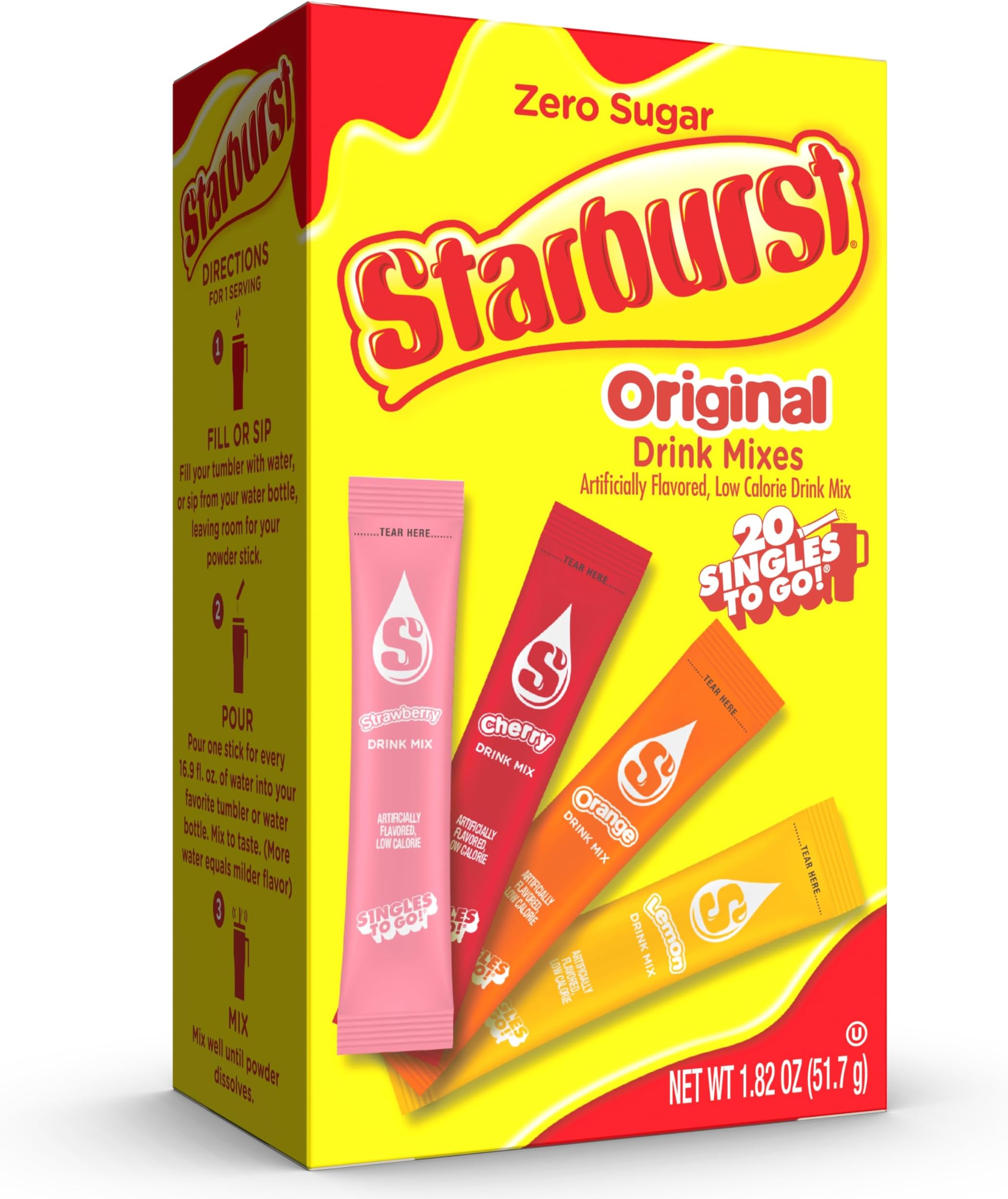 Starburst Singles to Go Variety Pack, Watertok Powdered Drink Mix, Includes 4 Flavors, Strawberry, Cherry, Orange And Lemon 1 Box (20 Servings)
