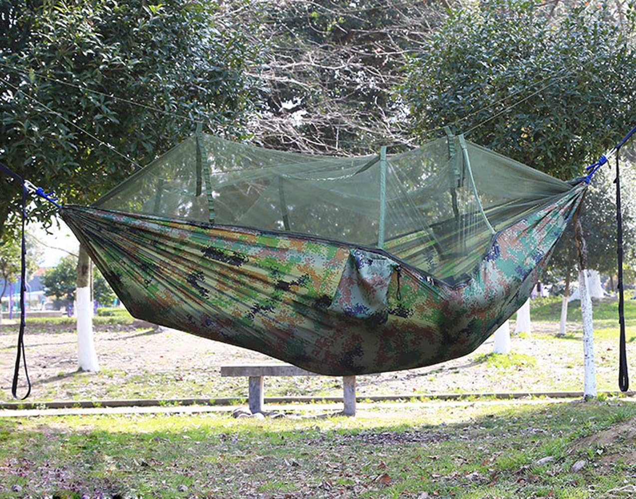 Portable Foldable Double Camping Hammock Mosquito Net Tree Hammocks Tent Travel Hanging Bed,Premium Quality Lightweight 210T Nylon,Capacity up to 441 lbs,with Strong Tree Straps,Hooks,Storage Bag