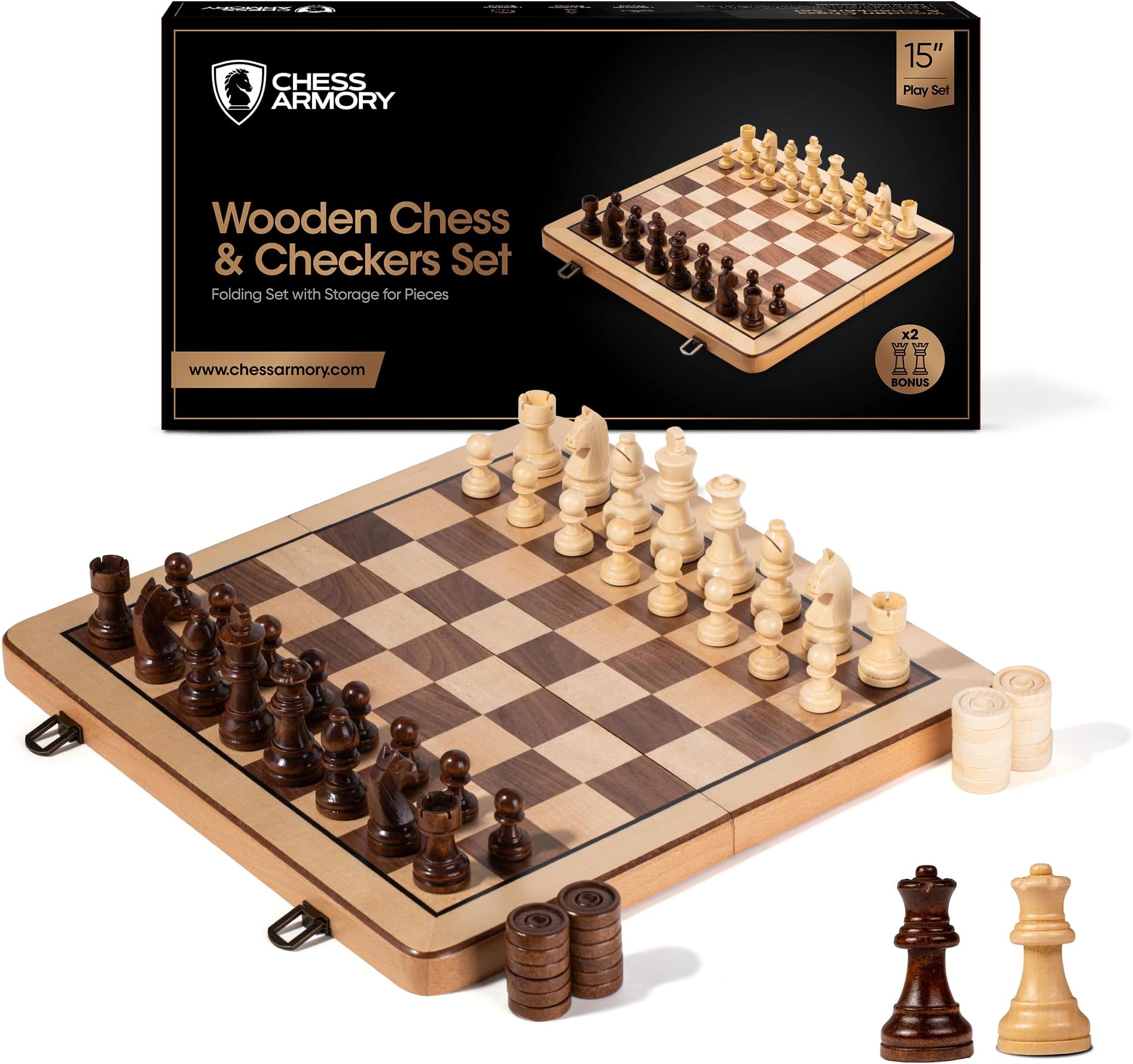 Chess Armory Premium Checkers and Chess Set - Wooden Board Game with a Portable Wood Case and Secure Storage for Pieces, Set for Kids and Adults (Beech Wood)
