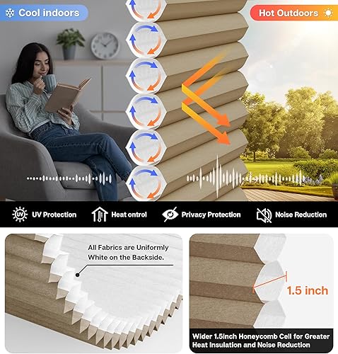 Miniatura 9 de LazBlinds Persianas celulares sin cordones de arriba hacia abajo hacia arriba (TDBU), opacas con bloqueo de luz, persianas plisadas de poliéster