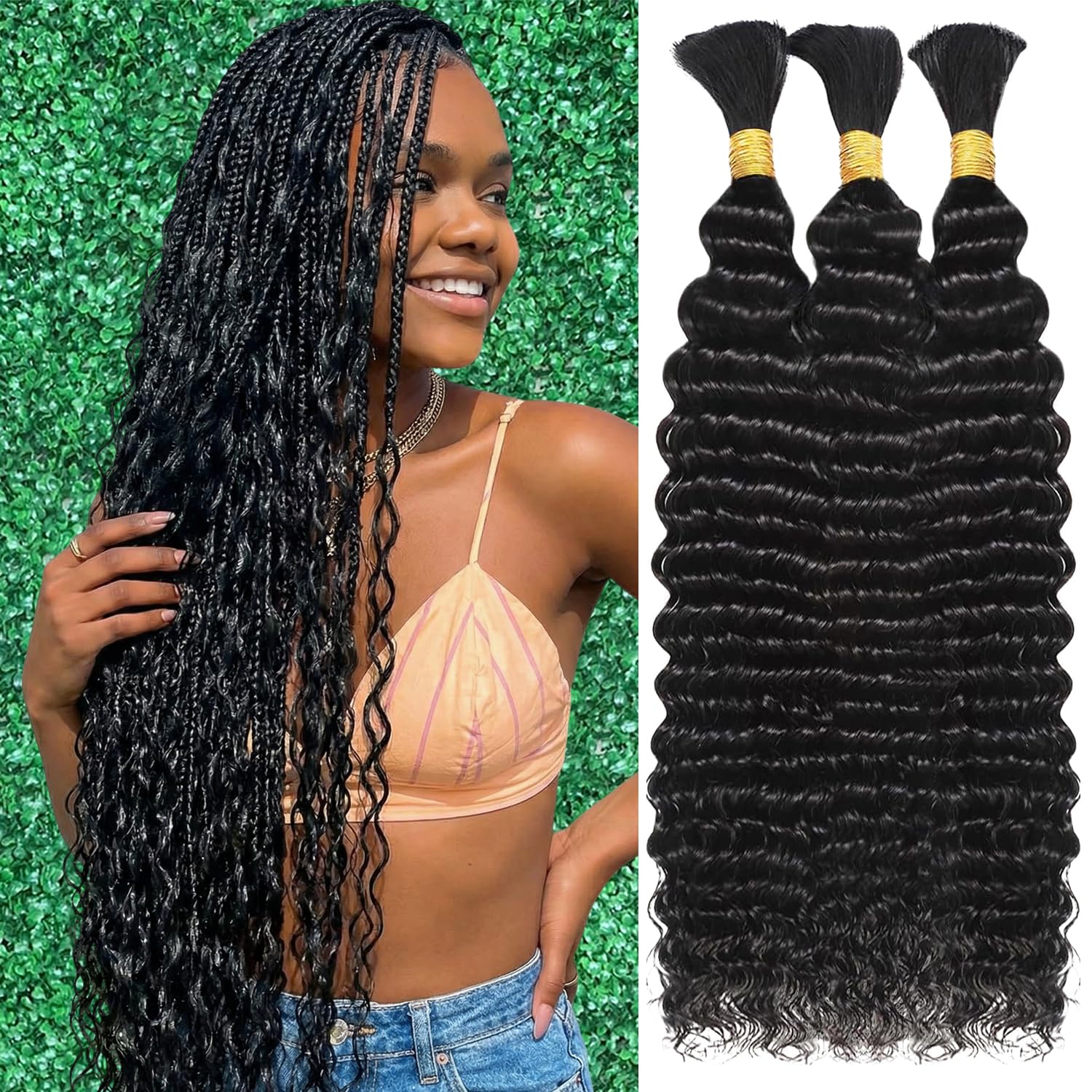 Human Braiding Hair for Boho Braids 120g Deep Water Wave Bulk Human Hair for Braiding No Weft 12A Wet and Wavy Curly Human Hair Extensions 3 Bundles/Pack Natural Color 18 Inch 18 Inch 1B-Natural Black