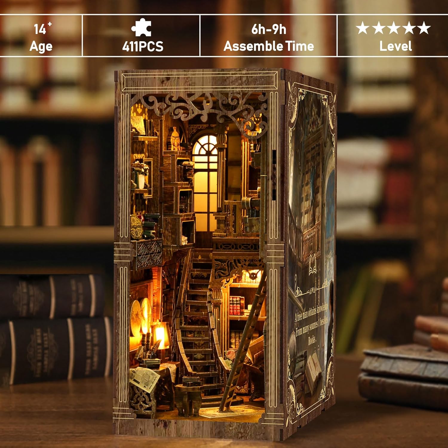 Book Nook Kits -DIY Miniature Dollhouse Booknook Kit, 3D Wooden Puzzle Bookend Bookshelf Insert Decor with LED Light for Teens and Adults, Family & Friends