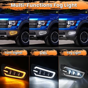 MOVOTOR LED Fog Lights with White DRL Amber Turn Signal Bumper Fog Driving Lights Compatible with 2010-2014 Ford Raptor(Ford F150 SVT Raptor Gen 1)