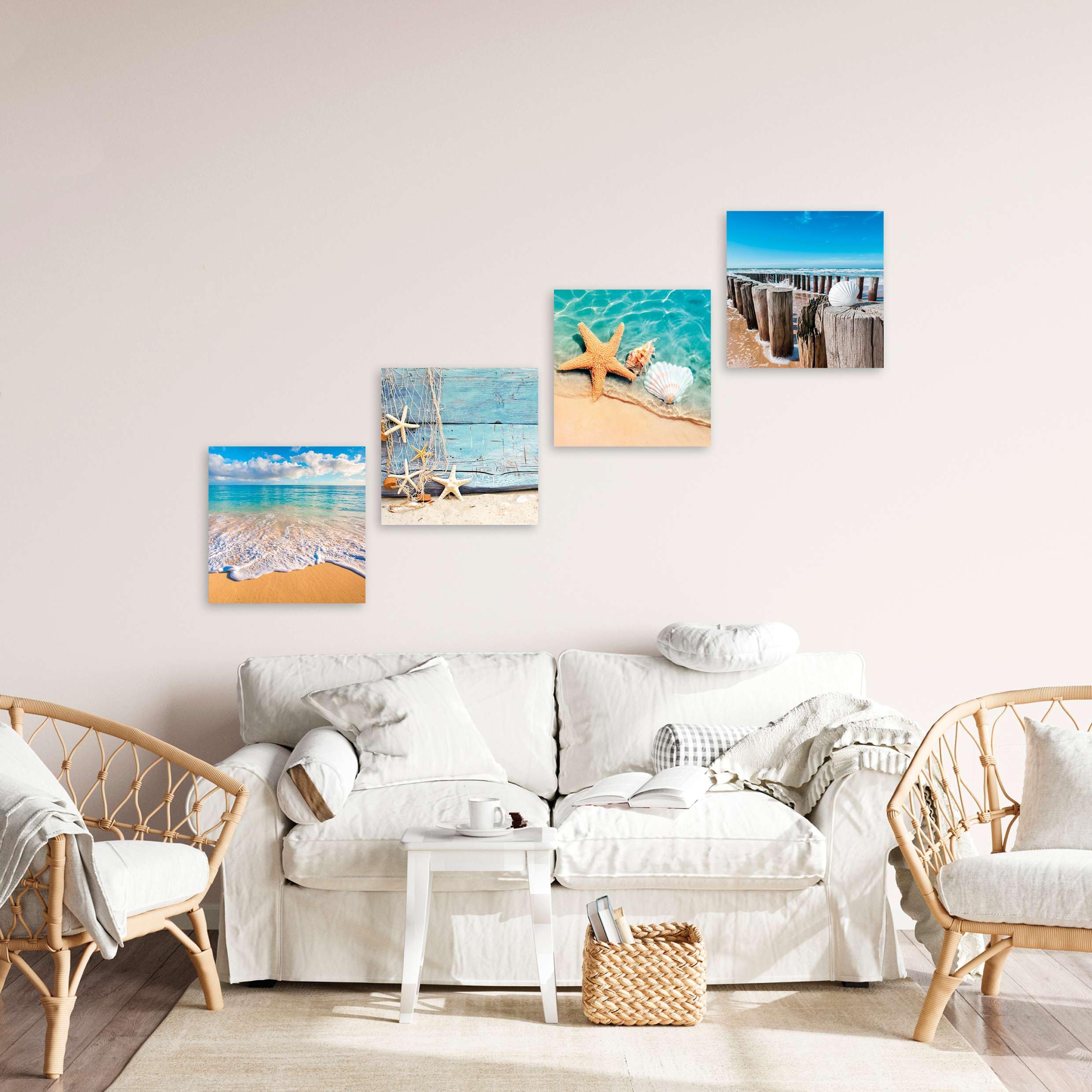 LuxHomeDecor Set di 4 Quadri 30x30 cm - Stampa su Tela con Telaio in Legno - Mare e Spiaggia con Conchiglie, Stelle Marine e Paesaggi Marini Rilassanti