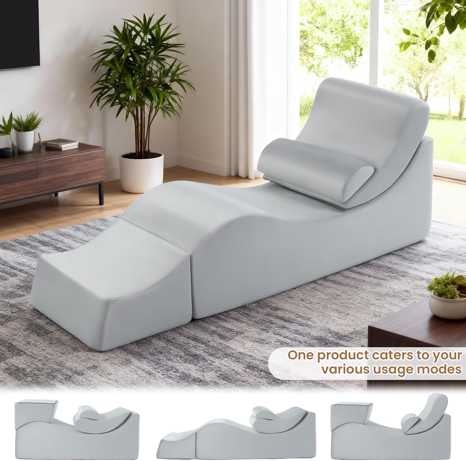 HOMBYS Chaise Lounge Chair Indoor, Ergonomic Reading Chair, Multifunctional Foam Recliner for Living Room, Adjustable Footrests & Lumbar Support Pillow,71"x24"x21.6", Grey