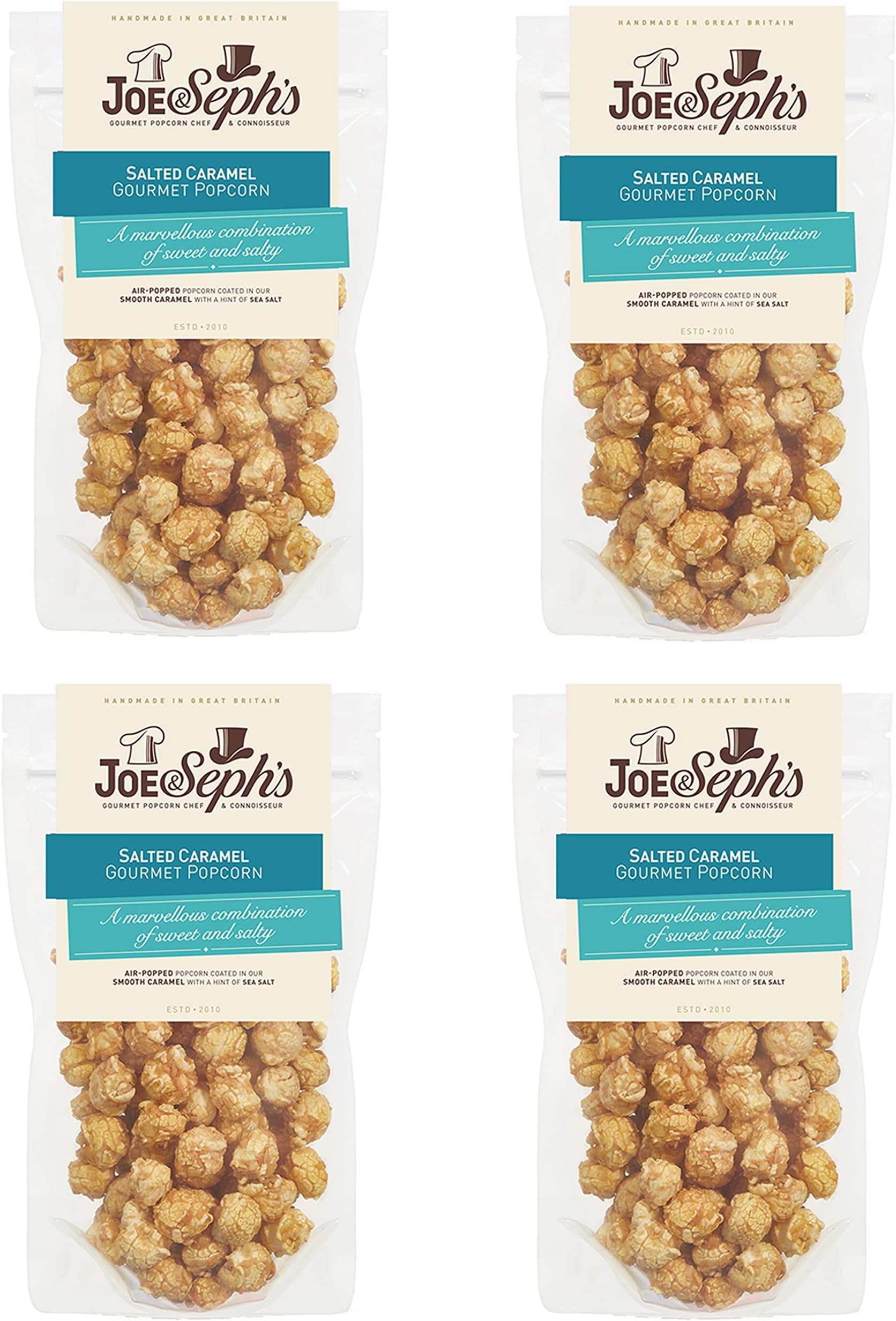 Joe & Seph’s Salted Caramel Popcorn, 4 x 80g, 2 Star Great Taste Award, Gourmet Air-Popped Snack, Sweet & Salty Treat for Parties and On-the-Go