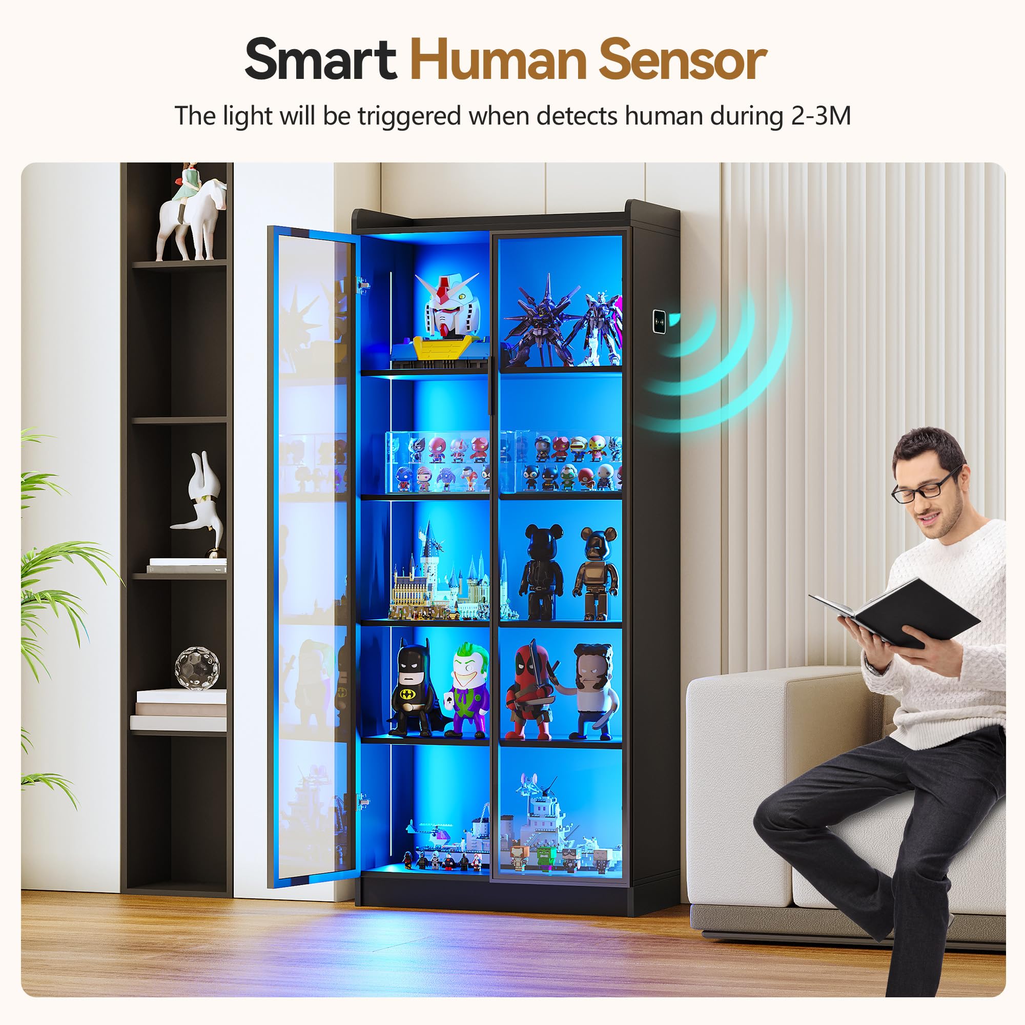 Gurexl Vitrine mit LED Beleuchtung und Intelligente Sensorik für Kuriositäten,Vitrinenschrank mit 5 Höhenverstellbaren Böden und Acryltür für Wohnzimmer,Persönliches Büro,Studie,Schätze,Schwarz