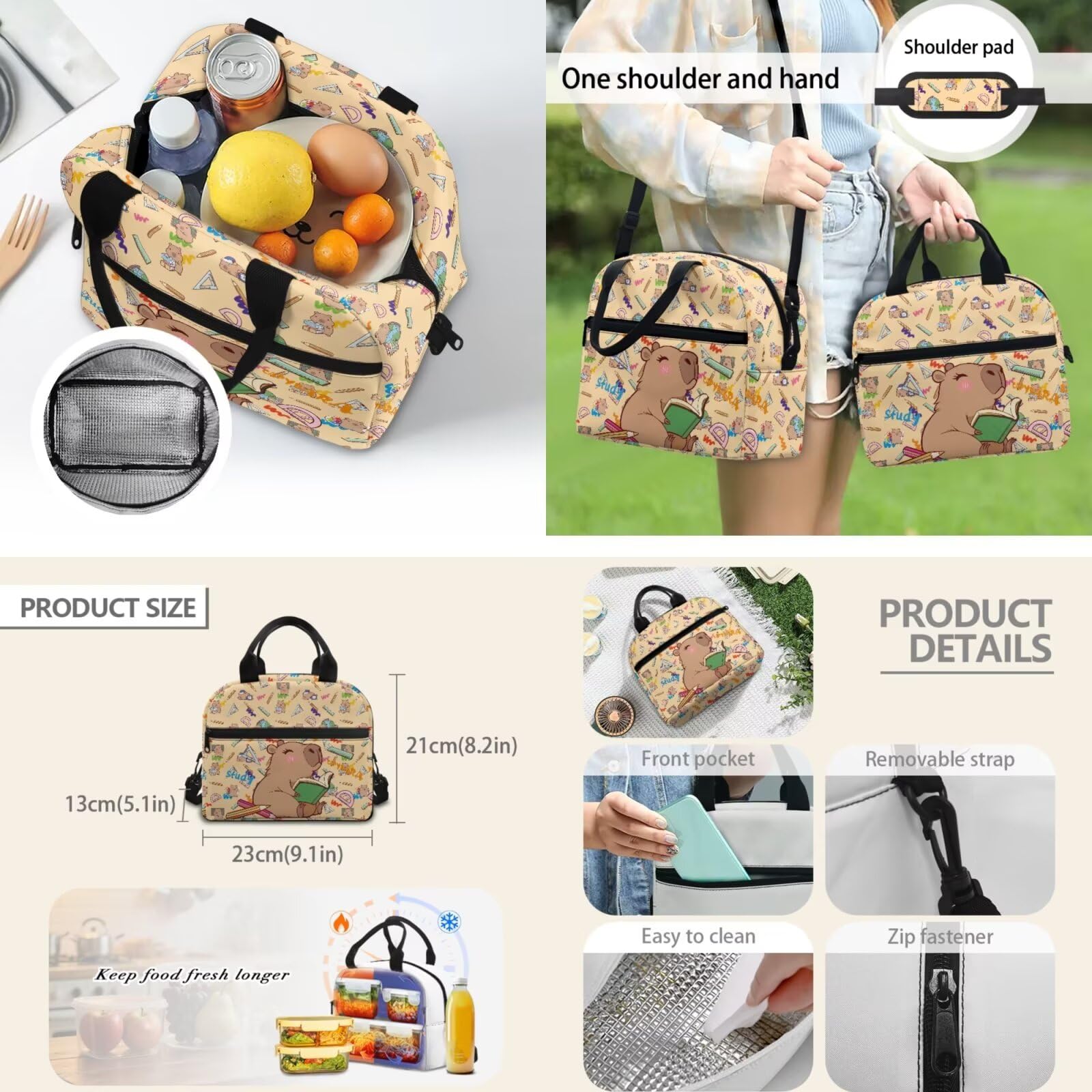 Renewold 5-teiliges Schulranzen-Set für Mädchen, Rucksack für Kinder, Teenager, Rucksack mit Lunchbox, Federmäppchen, Lesezeichen, für Grundschule und Mittelschule, Niedliches Capybara-Schreibwaren