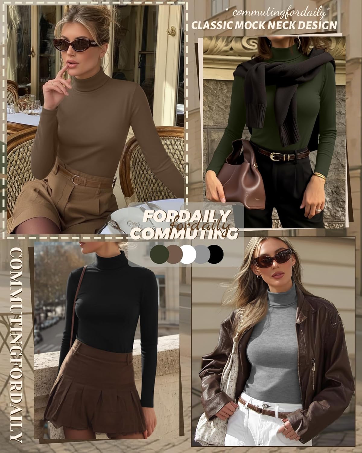 5 Pack Women's Turtleneck Tops, Long Sleeve Casual Shirt Slim Fit Base Layer Tees Stretch Fall Undershirts - Image 2