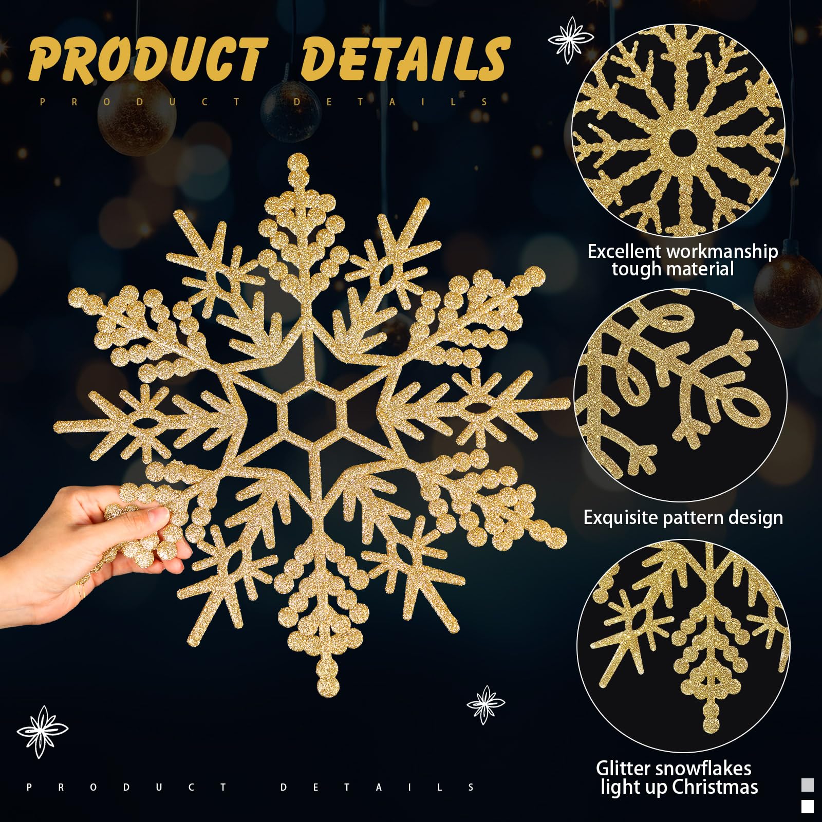Sratte Lot de 24 flocons de neige géants à paillettes de 40,6 cm - 6 motifs - Décoration de Noël à suspendre - Flocons de neige avec fil en nylon (doré)