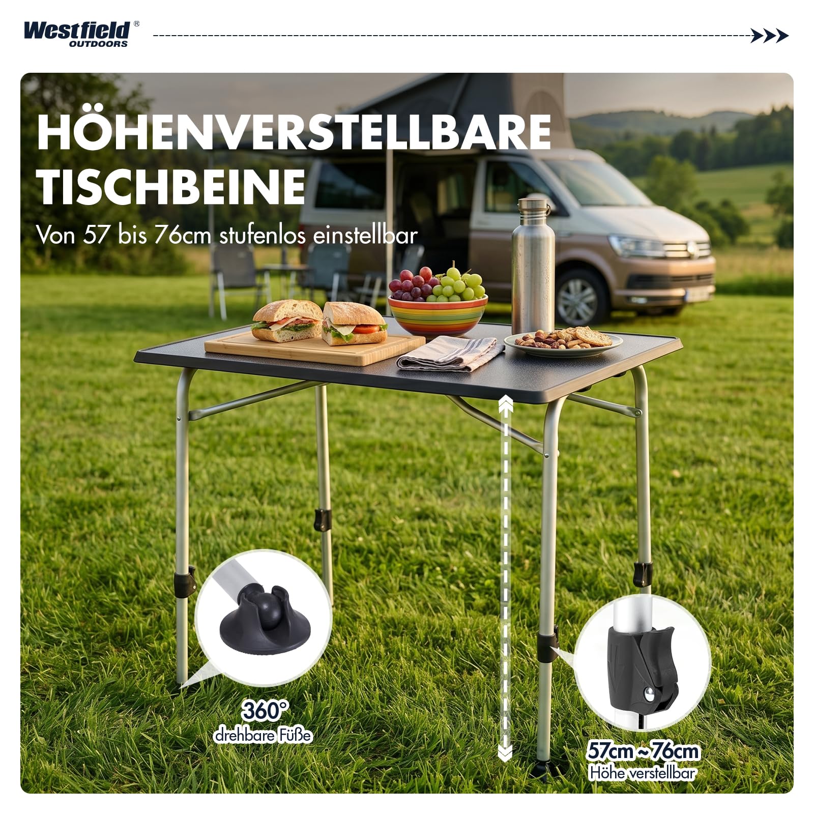 Westfield Outdoors Viper 80 Campingtisch, höhenverstellbarer Gartentisch, 80 x 60 cm Tischplatte für 2-4 Personen, strapazierfähig und pflegeleicht, faltbar, für Camping, Garten und Wohnwagen
