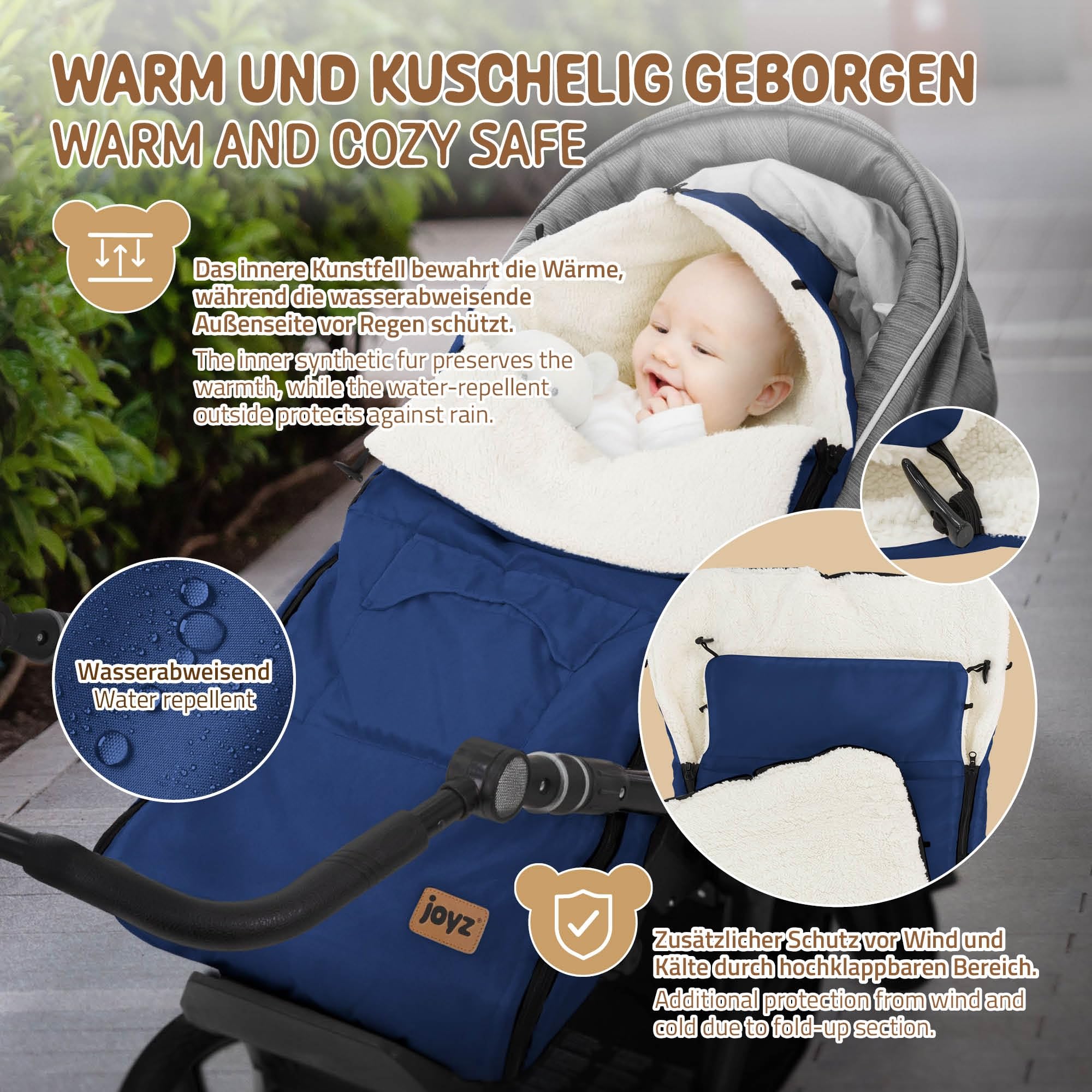Joyz Chancelière pour Bébé, Polyester, Bleu, Sac de Couchage Universelle, Fermeture Éclair, Résistante aux Intempéries, Picots Antidérapants, Couverture Douillette d'Hiver, Poussette ou Siège Auto